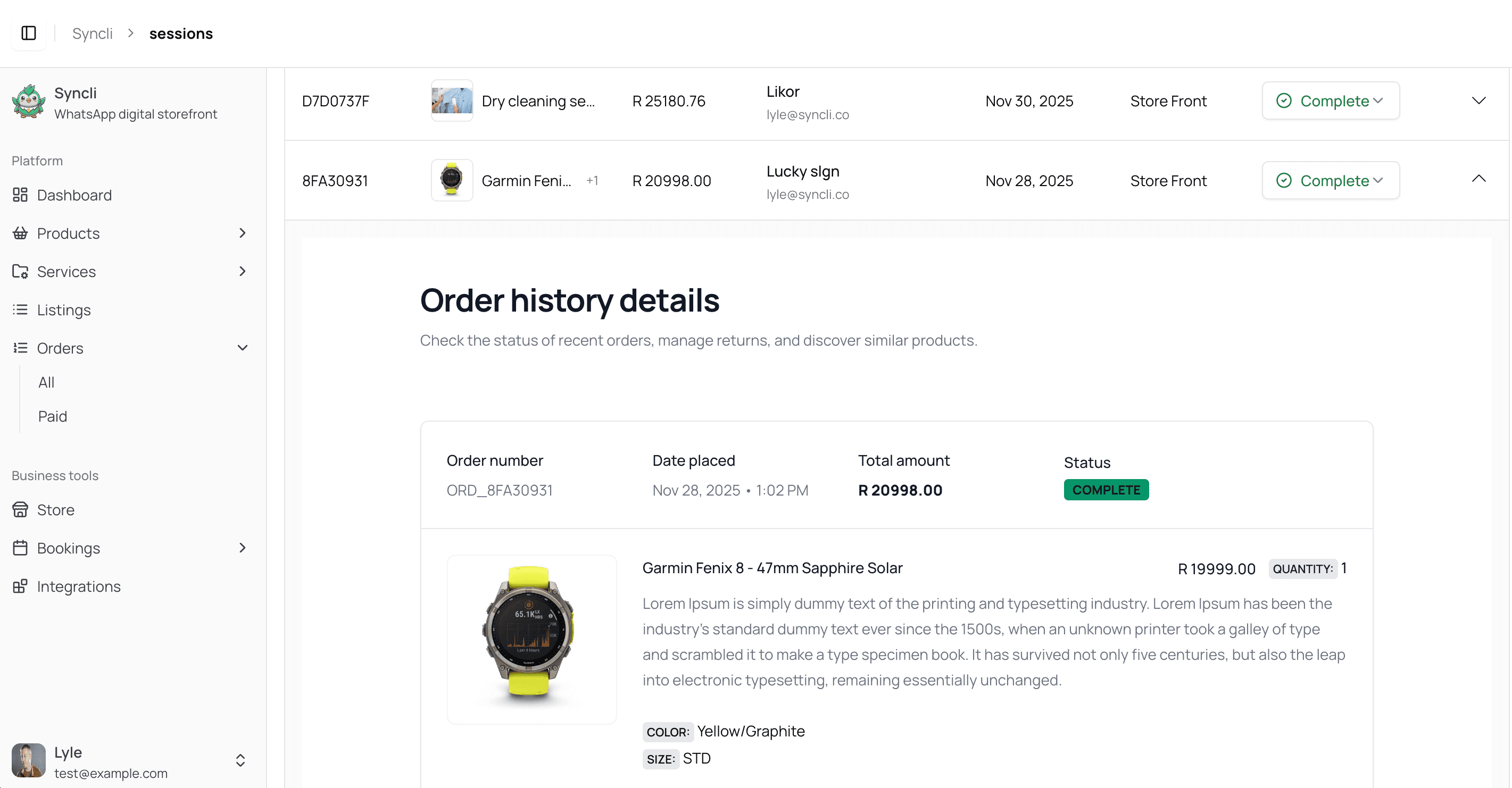 Syncli order details preview