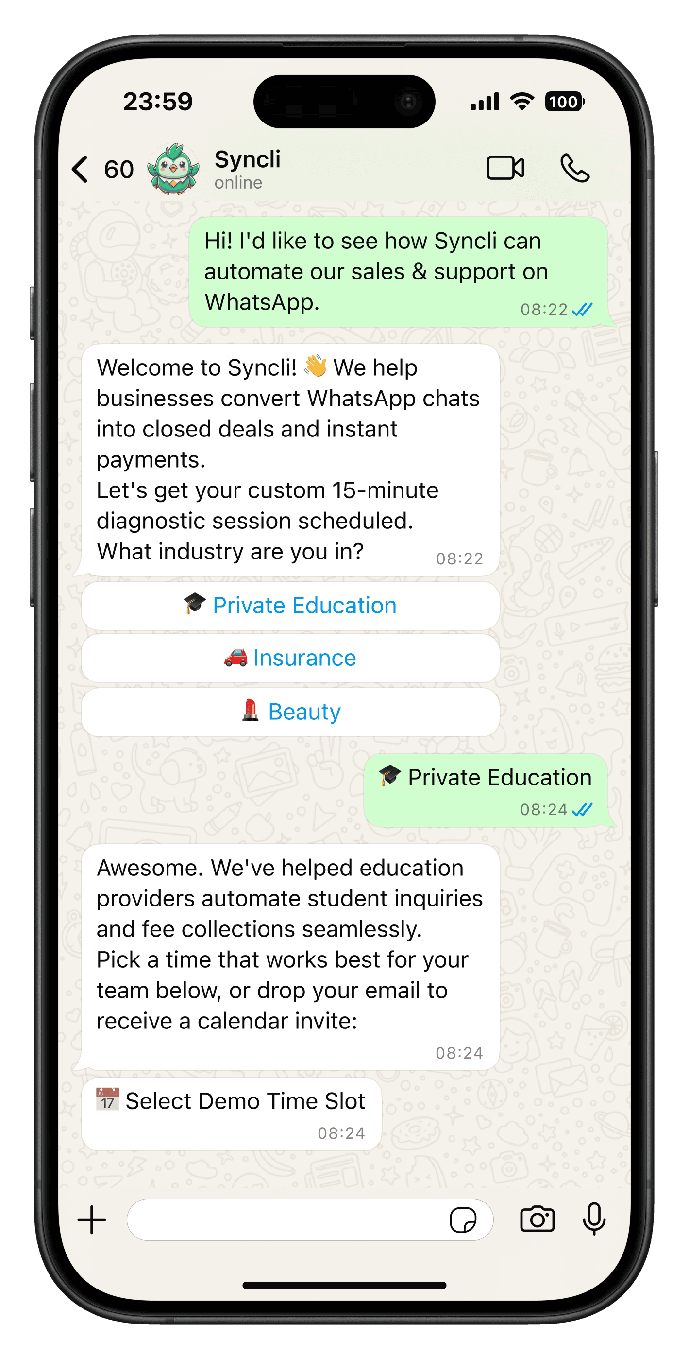 Booking an appointment in WhatsApp with Syncli