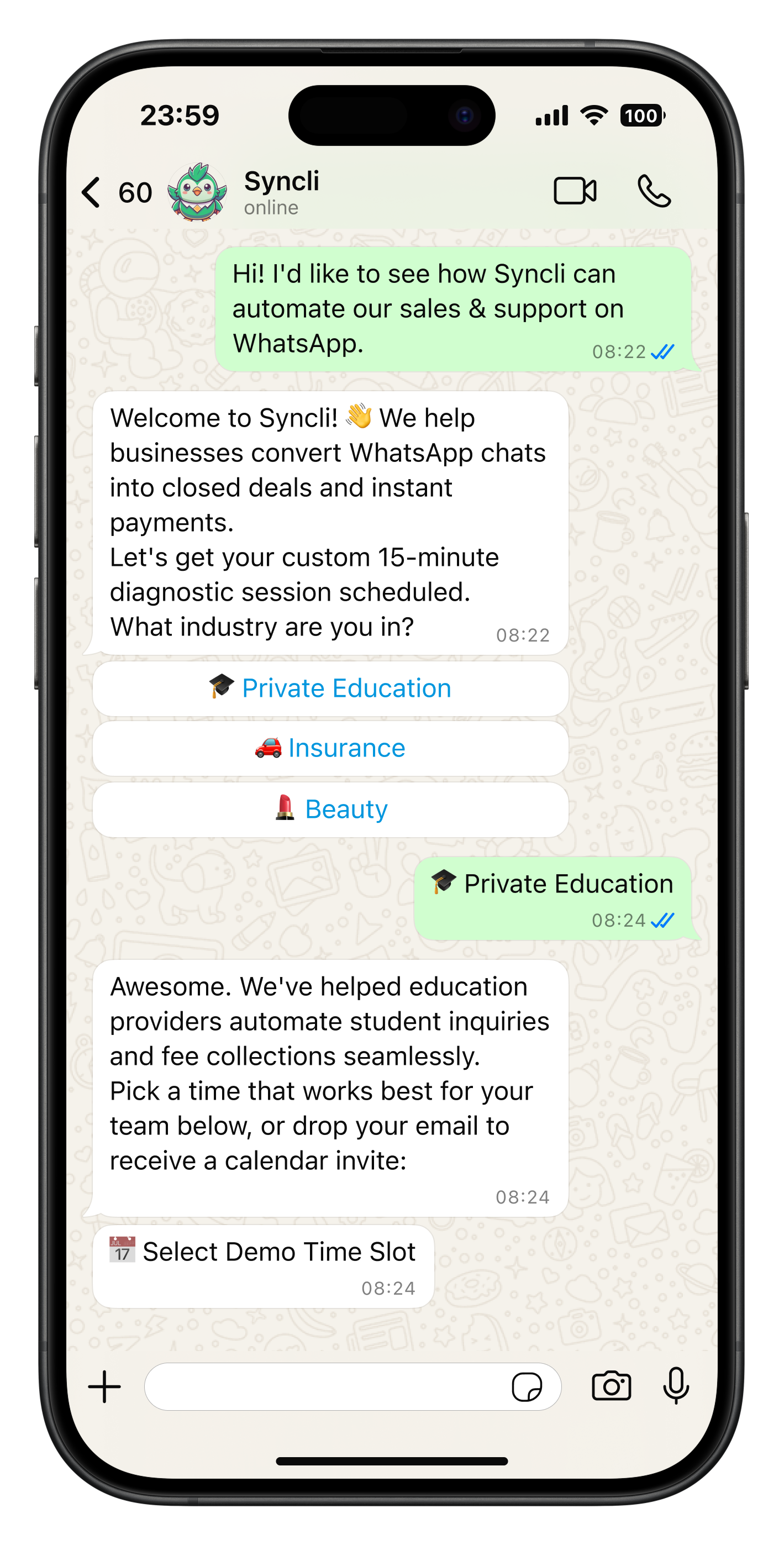 Booking an appointment in WhatsApp with Syncli